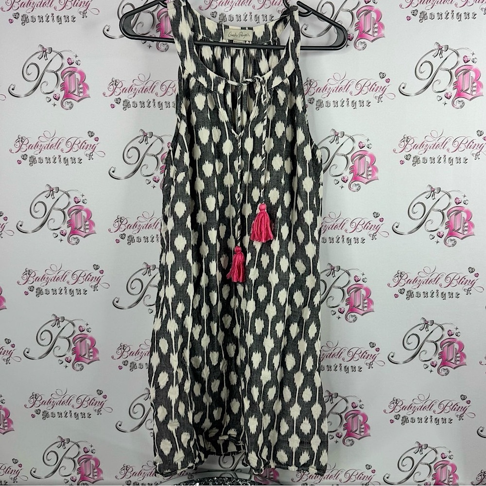 Charlie Paige Monochrome Sleeveless Dress with Pink Accents tassles boho cotton